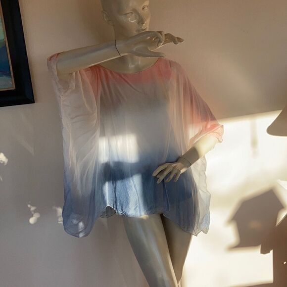 Vintage sheer Blouse Peach Fuzz Blue silk two piece layered Ombré Top size Small - Picture 9 of 16